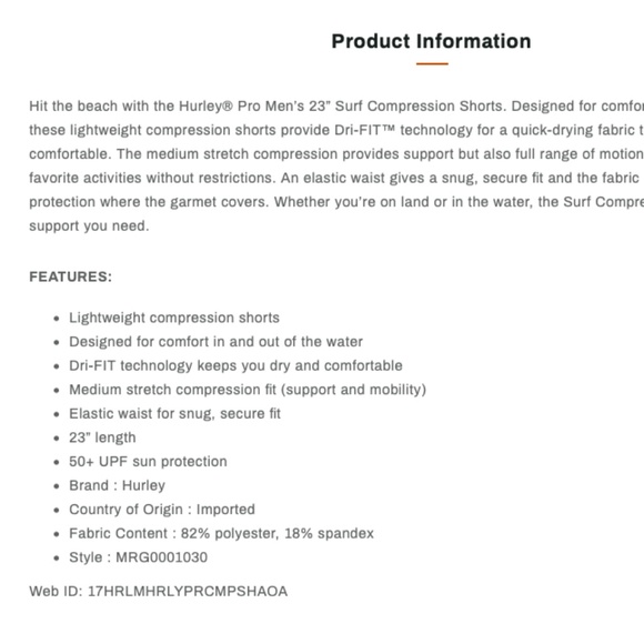 Hurley Pro 23” Compression Surf Tights Shorts Grey Mens Size S 50+ UPF JJF - Picture 3 of 3